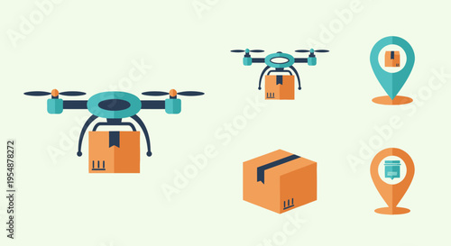 Drone Delivery Service Icons: Package, Drone, Location Pins, Vector Illustration