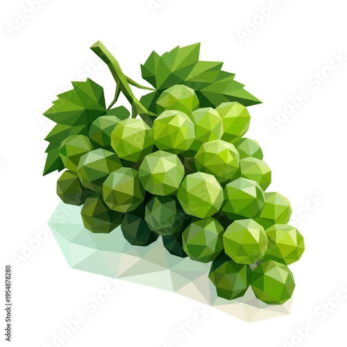 Bunch of green grapes with green leaves in low poly geometric style isolated on white background