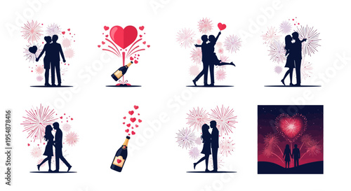 Couple Silhouettes Celebrating Love with Fireworks and Champagne