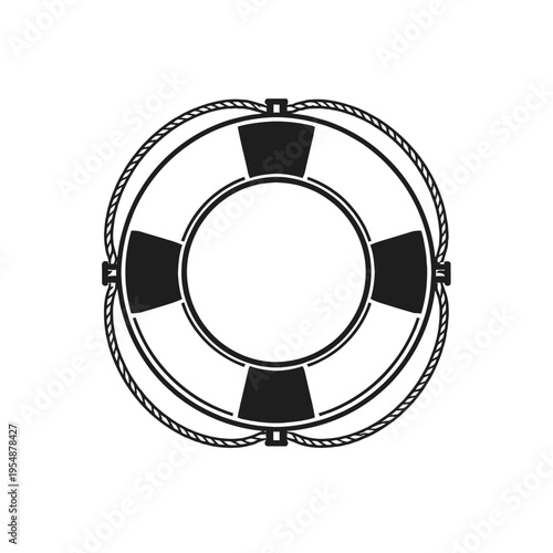 Black and white lifebuoy icon with nautical rope, symbolizing water safety, emergency rescue, and maritime security. Essential for marine themes, boating, and safety graphics, providing a clear visual