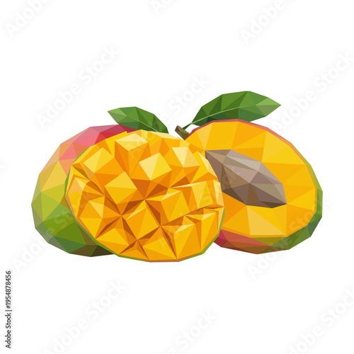 Whole mango and a half slice with pit and leaves in low poly geometric style isolated on white background