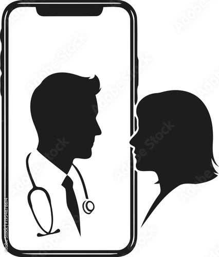 Online Doctor Consultation via Smartphone in silhouette vector.