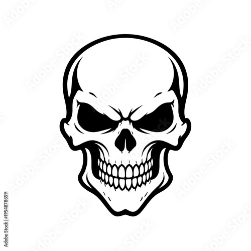 Intensely stylized menacing skull vector illustration with bold black outlines and dark, shadowed eye sockets, perfect for edgy graphic design, rebellious apparel, gothic decor, or powerful branding e