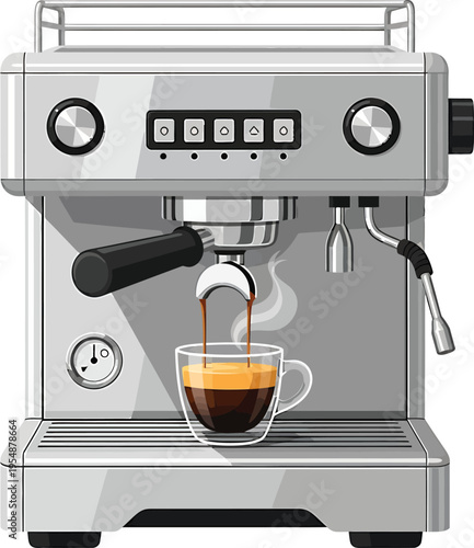 An automatic stainless steel espresso machine makes a hot caffeine beverage into a black cup in a modern white kitchen for a morning breakfast drink