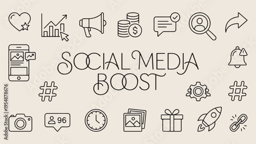 Social media boost, digital marketing icons, online engagement doodles, network growth elements, content strategy illustration, profile ranking sketches, internet influence graphics
