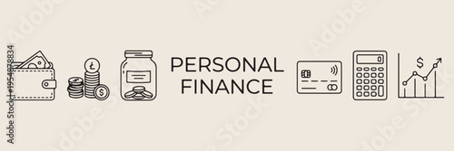 Personal finance management, money saving tips, wealth investment concept, financial planning text, budget control typography, banking and savings, economy growth heading