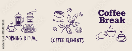 Coffee shop elements, roasted coffee beans, espresso brewing icons, hand drawn cafe doodles, morning coffee illustration, barista tool sketches, coffee break graphics