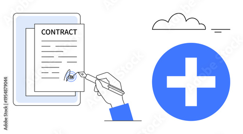 Contract signing. A hand digitally signing a contract for agreement processes and legal validation. Contract elements, cloud storage, and agreement processes for digital workflows, security