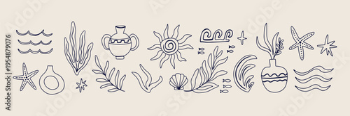 Summer beach vacation, sun and waves, ocean life doodles, tropical sea elements, hand drawn summer icons, nautical marine illustration, seasonal holiday sketches