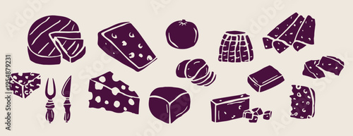 Cheese and fruit, gourmet snack doodles, dairy products sketches, hand drawn food elements, organic appetizer illustration, kitchen pantry graphics, picnic food icons
