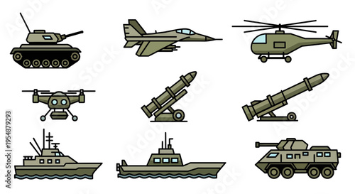 Military Vehicles and War Equipment Flat Icon Set. Collection of Army Transport, Navy Ship, Air Force Jet, Missile Launcher, Tank, and Drone Vector Illustration Isolated on White Background.