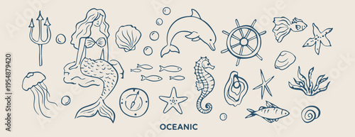 Oceanic sea life, marine animals pattern, hand drawn dolphin seahorse, underwater nature doodles, nautical beach illustration, aquatic creature sketches, summer sea graphics
