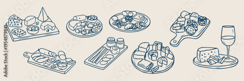 Gourmet seafood dishes, restaurant platter sketches, ocean food doodles, hand drawn culinary elements, fresh fish illustration, Mediterranean diet graphics, seafood recipe sketches