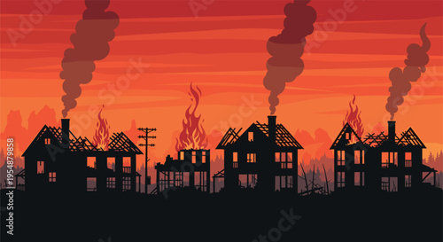 Burning houses disaster scene with fire flames smoke destroyed buildings dramatic sunset skyline silhouette vector illustration