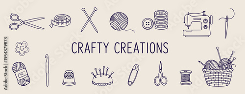 Crafty creations hobby, Knitting sewing tools, Handmade DIY equipment, Creative crafting icons, Art and craft, Vector line drawing, Handmade workshop sketch