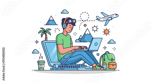 Digital Nomad Working Remotely with Laptop and Travel Gear
