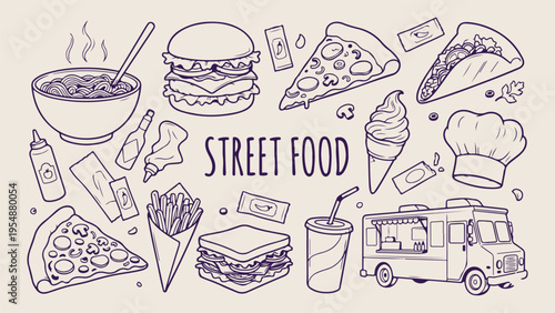 Street food fastfood, Burger pizza snacks, Takeaway junk food, Delicious meal icons, Restaurant menu sketch, Hand drawn vector, Culinary food truck
