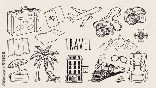 Travel essentials icons, Vacation tourism gear, Airplane passport camera, Adventure outdoor equipment, Tourism lifestyle sketch, Hand drawn vector, Travel blogging elements