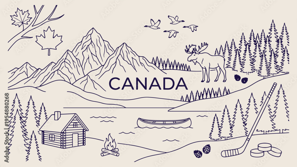 Obraz premium Canada travel landmarks, Toronto city skyline, Canadian nature outdoors, Maple leaf national symbol, Mountain landscape sketch, Vector line art, Tourism vacation poster