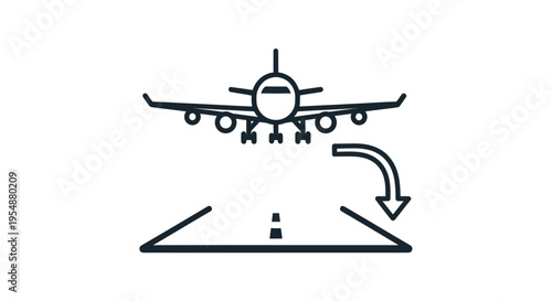 Airplane landing on runway, aviation travel, airport transportation icon