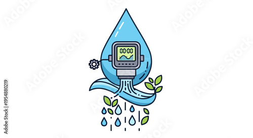 Water Meter Device Concept with Leafy Sprouts and Flowing Water Droplets