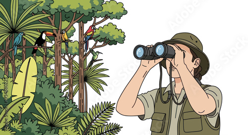 Explorer with binoculars in lush jungle observing colorful parrots and toucans