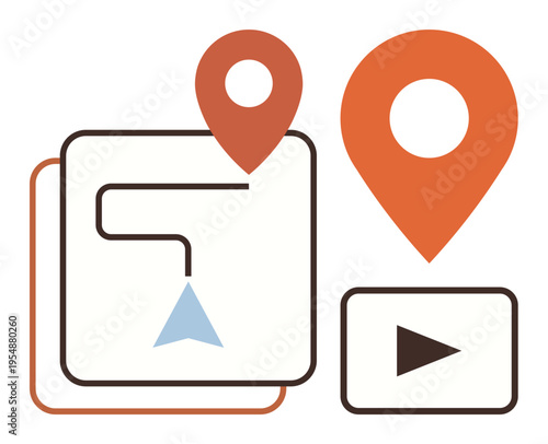 Navigation, geolocation, route planning, travel, GPS technology, digital exploration. Map icon with destination pins and route path. Navigation and geolocation concept