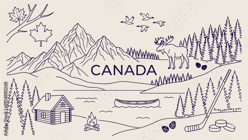 Canada travel landmarks, Toronto city skyline, Canadian nature outdoors, Maple leaf national symbol, Mountain landscape sketch, Vector line art, Tourism vacation poster