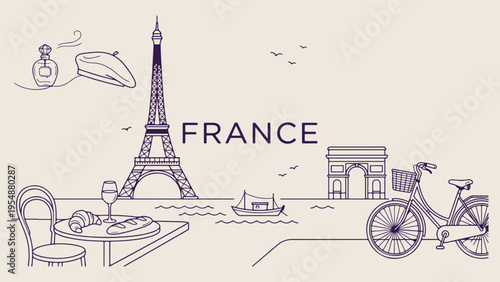 France Paris landmarks, Eiffel Tower illustration, French tourism doodles, hand drawn Paris icons, European vacation sketches, cultural heritage illustration, Eiffel tower city scape