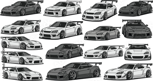 Modified JDM Sports Car Collection with Wide Body Kits, Racing Aerodynamics, and Tuned Performance Vehicles in Monochrome Vector Illustration Set