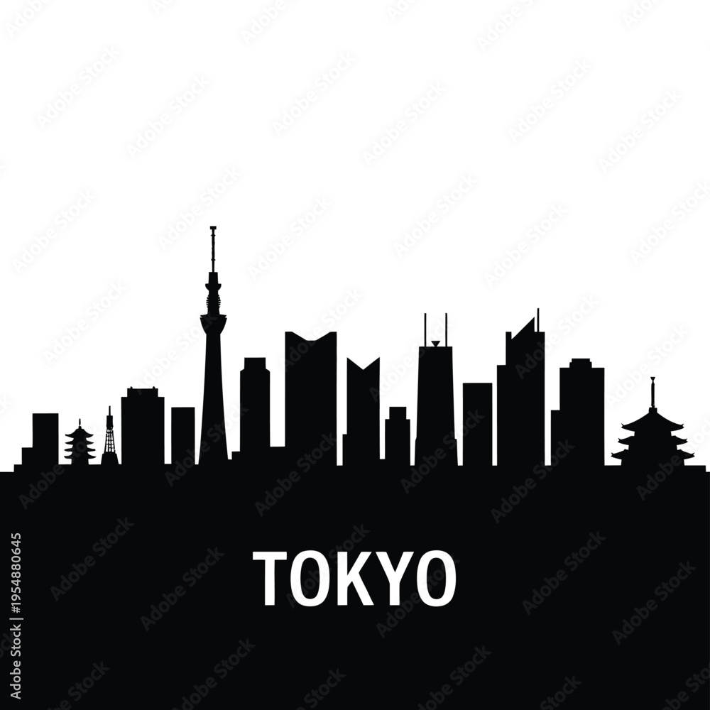 Fototapeta premium A striking black silhouette of the tokyo skyline against a white background