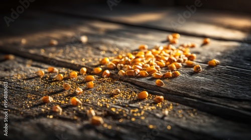 Close-up View of Golden Corn Kernels Sprawled on Rustic Wooden Surface Highlighting Natural Light and Textures for Agricultural Concepts and Food Photography