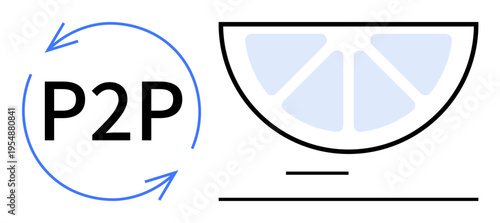 Peer-to-peer networks, data exchange, collaboration, communication, digital platforms, decentralized systems. Circular P2P icon next to a stylized citrus slice. Peer-to-peer networks and data
