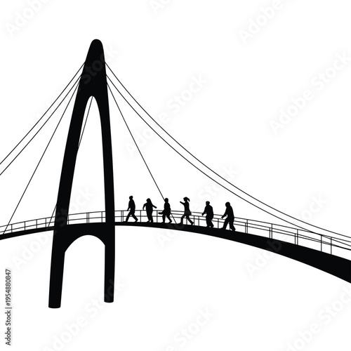 Silhouetted figures walking across a modern cable stayed bridge structure