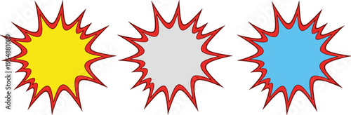 Comic Explosion Burst Icon Set with Dynamic Starburst Shapes for Pop Art Graphics, Sale Promotions, Speech Bubbles, and Cartoon Design