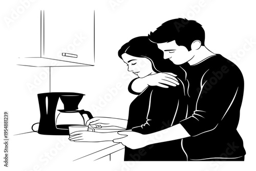 Husband Hugging Wife From Behind Kitchen Daily Affection Marriage Romance Black Vector Silhouette