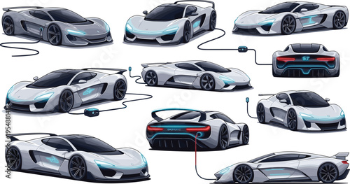 Electric Supercar Collection with Futuristic Sports Car Designs, High Performance EV Vehicles, Charging Concepts, and Modern Automotive Vector Illustration Set