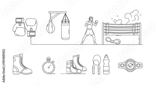 Boxing Equipment and Training Gear Line Art Icons Set
