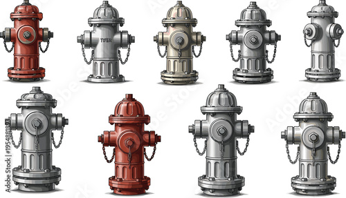 Fire Hydrant Collection with Realistic Metallic and Classic Red Designs, Urban Street Safety Equipment and Emergency Water Supply Vector Illustration Set