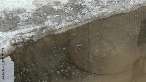 Melting ice revealing water and storm drain, urban spring thaw, ice breaking, flowing water, seasonal transition, city environment, ice melt close-up, urban water flow, winter to spring