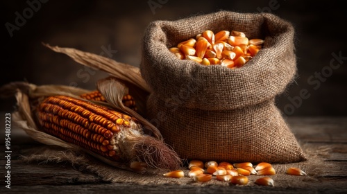 Rustic Still Life of Corn Kernels in Burlap Bag with Cobs on Dark Wooden Surface Capturing the Essence of Harvest and Nature's Bounty