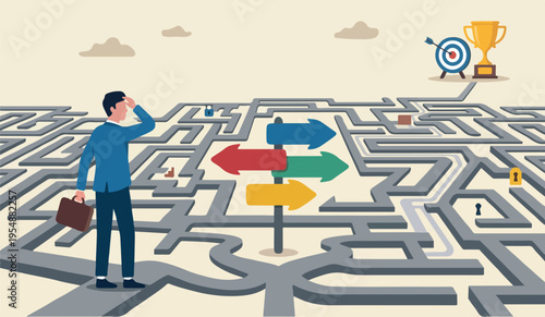 Path plaining achievement growth project businessman finding the way in labyrinth to reach target