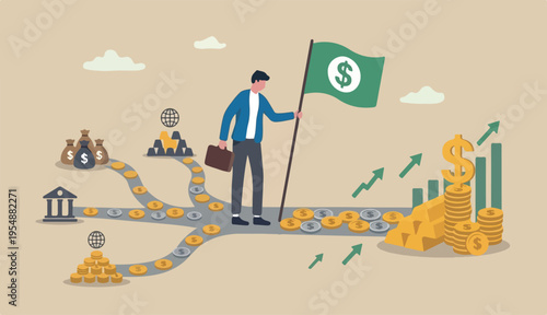 Cash flow, investment fund flow, fund raising, bank loan financial activity making money profit concept, Businessman leader or investor holding flag control flow money Dollar coins.