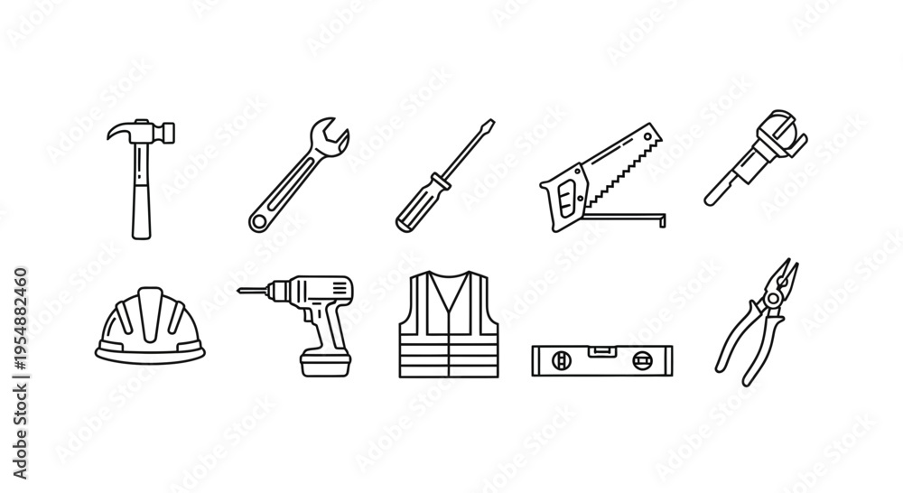 Fototapeta premium Set of Construction and Repair Tools Line Icons