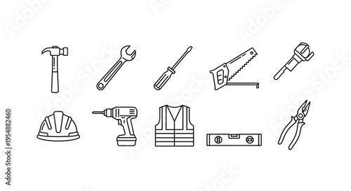 Set of Construction and Repair Tools Line Icons