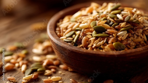 Close-Up View of a Wooden Bowl Filled with a Colorful Mixture of Various Seeds on a Rustic Wooden Surface