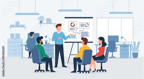 Business team meeting in modern office with blue color scheme and flat design for corporate branding
