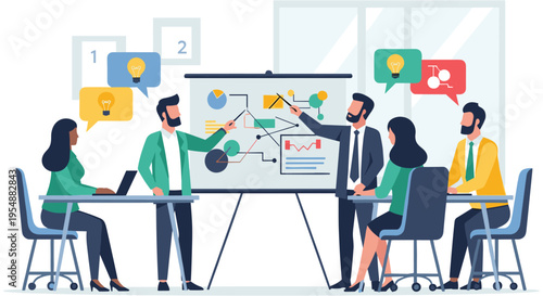 Diverse business team brainstorming meeting in modern office with colorful speech bubbles in flat design for marketing materials