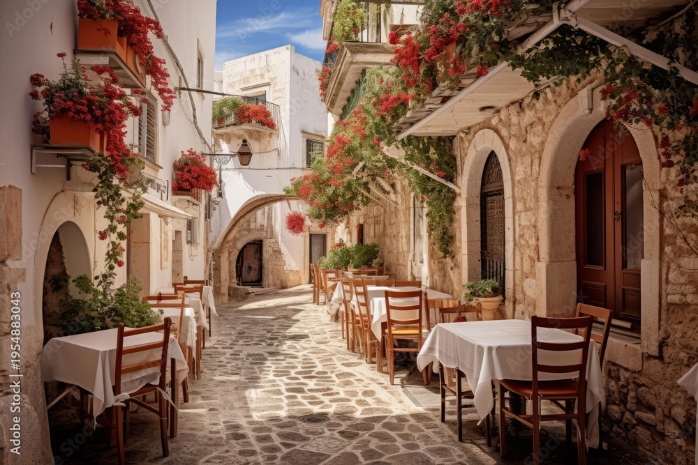 Fototapeta premium Cobblestone alley with outdoor restaurant tables set between stone buildings adorned with red flowers