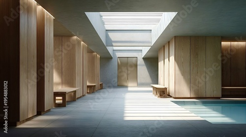 Modern luxury locker room with wooden lockers and pool